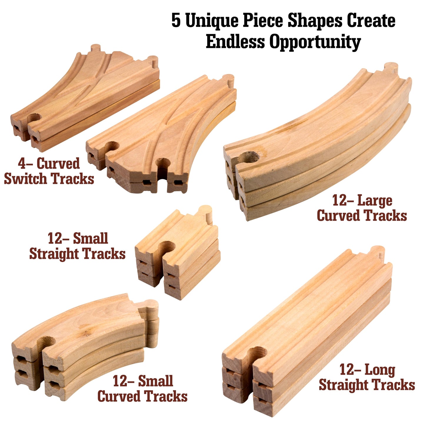 Right Track Toys Wooden Train Track 52-Piece Set — 18 ft Expansion, 5 Distinct Pieces, Compatible with All Major Brands