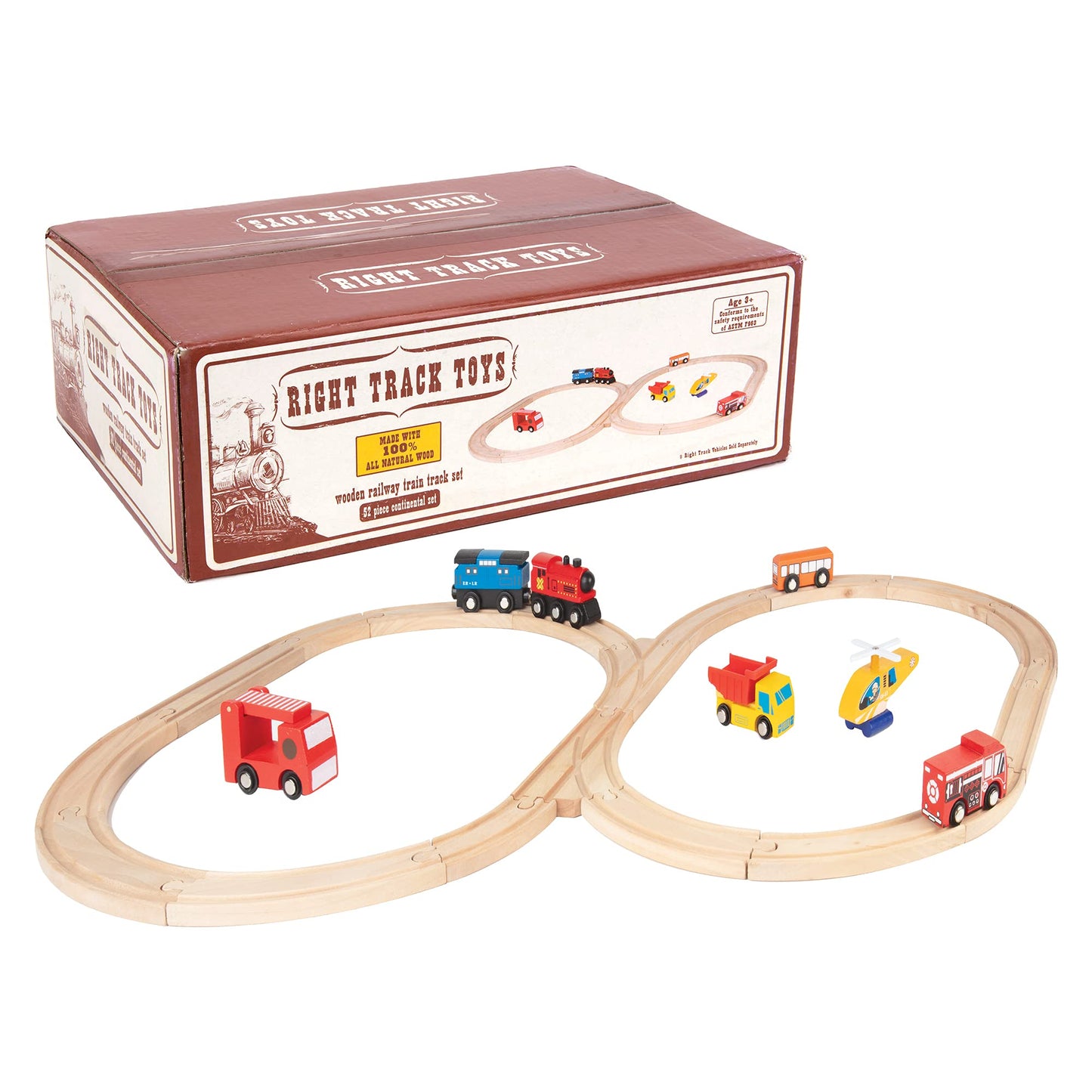 Right Track Toys Wooden Train Track 52-Piece Set — 18 ft Expansion, 5 Distinct Pieces, Compatible with All Major Brands