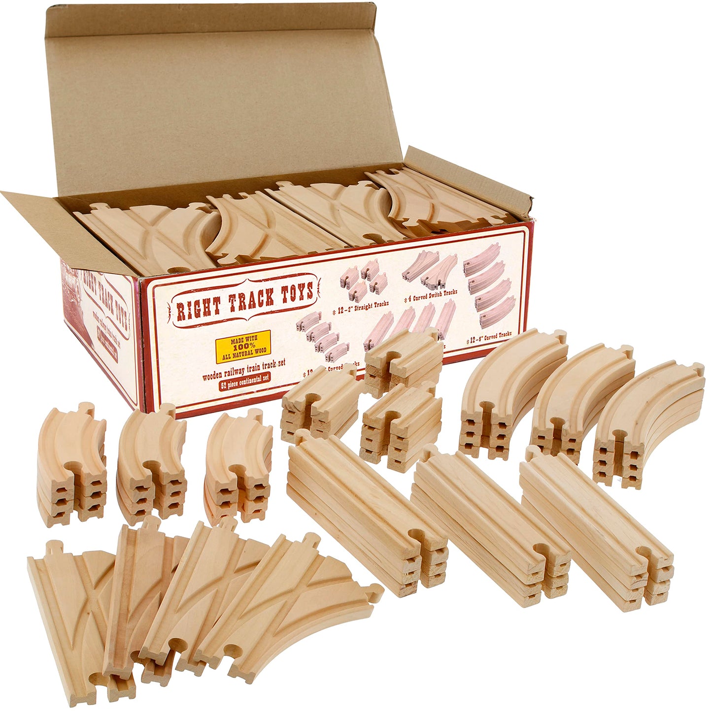 Right Track Toys Wooden Train Track 52-Piece Set — 18 ft Expansion, 5 Distinct Pieces, Compatible with All Major Brands