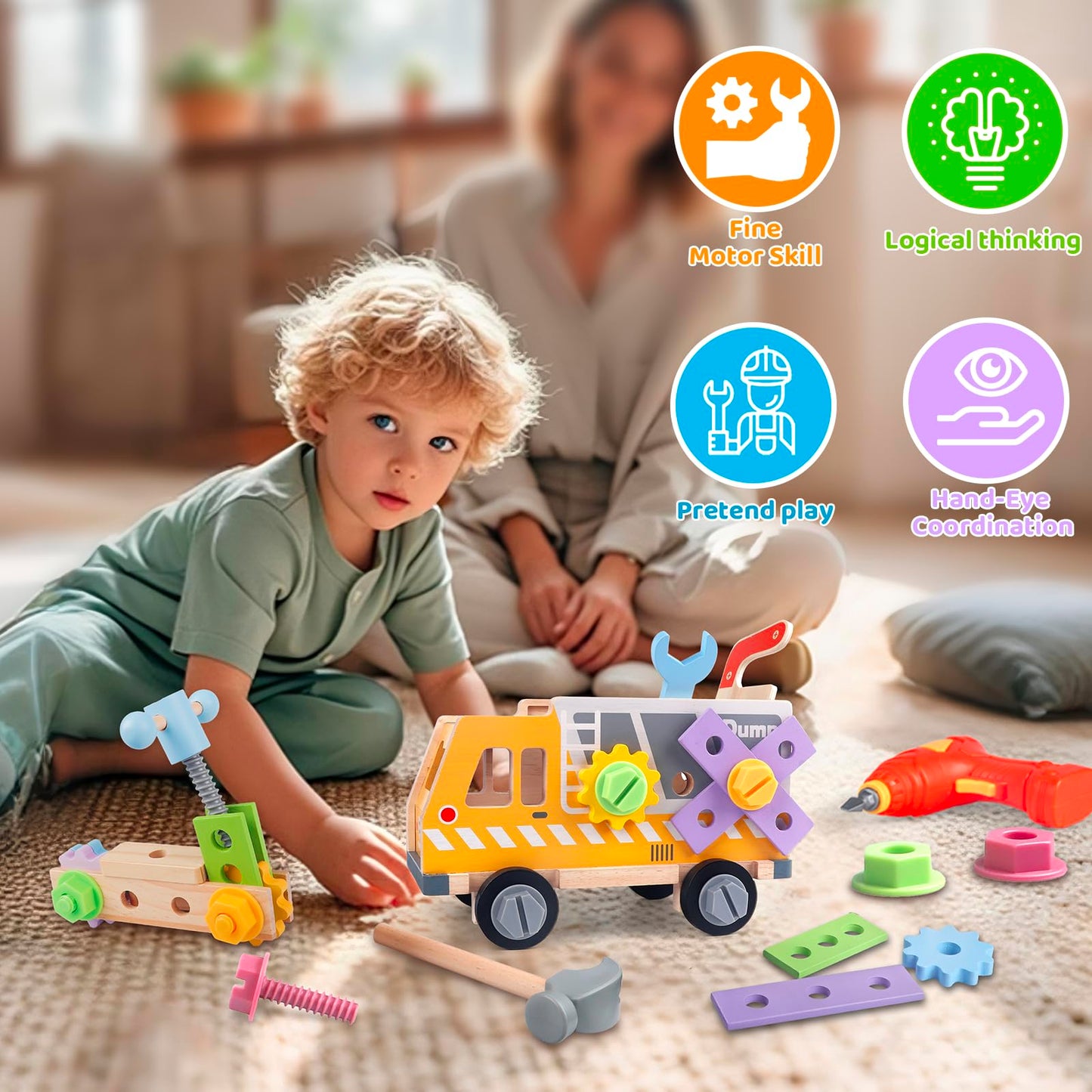 Rincalivestra Kids Tool Set Toy — 38-Piece Wooden STEM Construction Kit for Toddlers