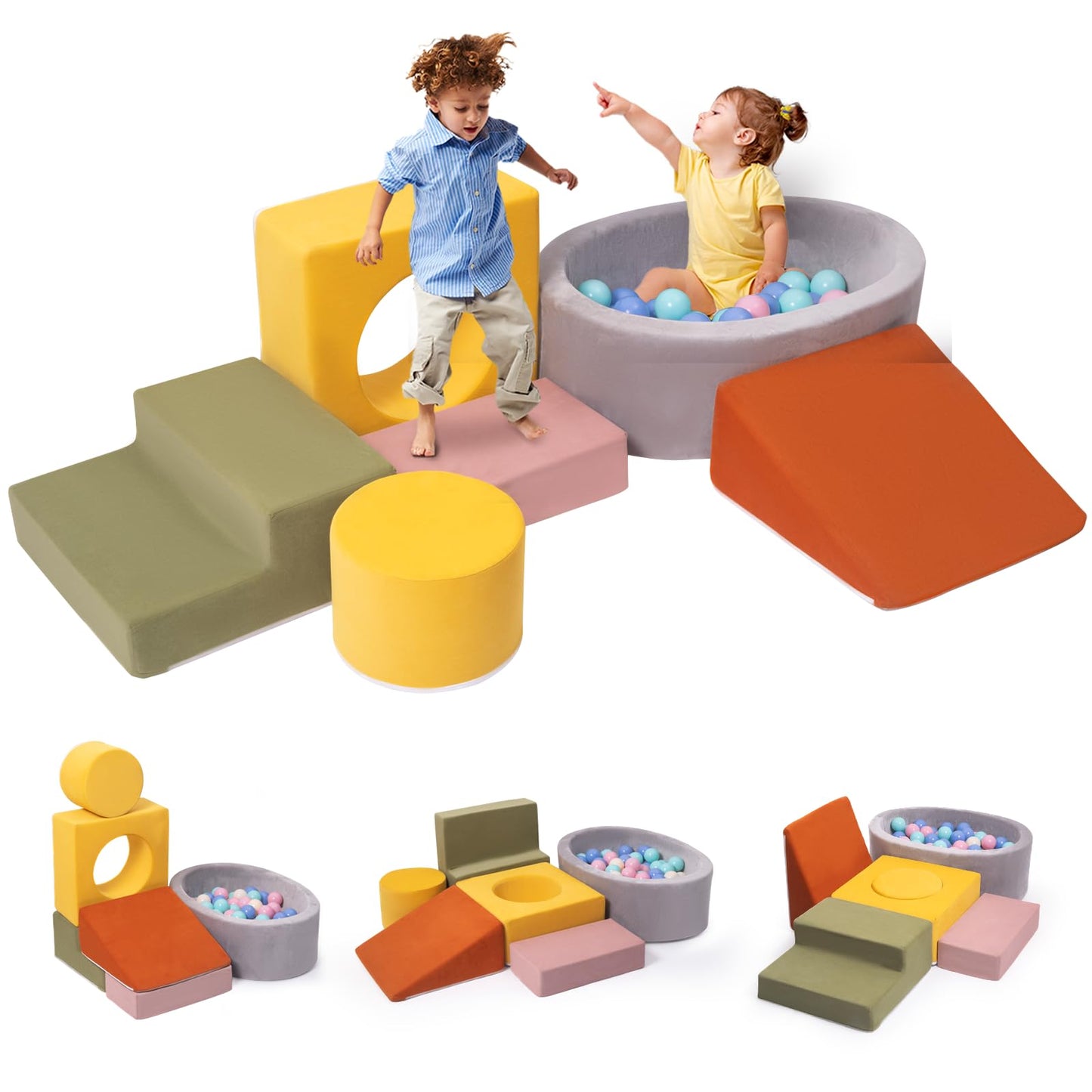 Rinnebbit 6-Piece Foam Climbing Blocks for Toddlers – Indoor Soft Play Set with Ball Pit (Machine Washable Cover)