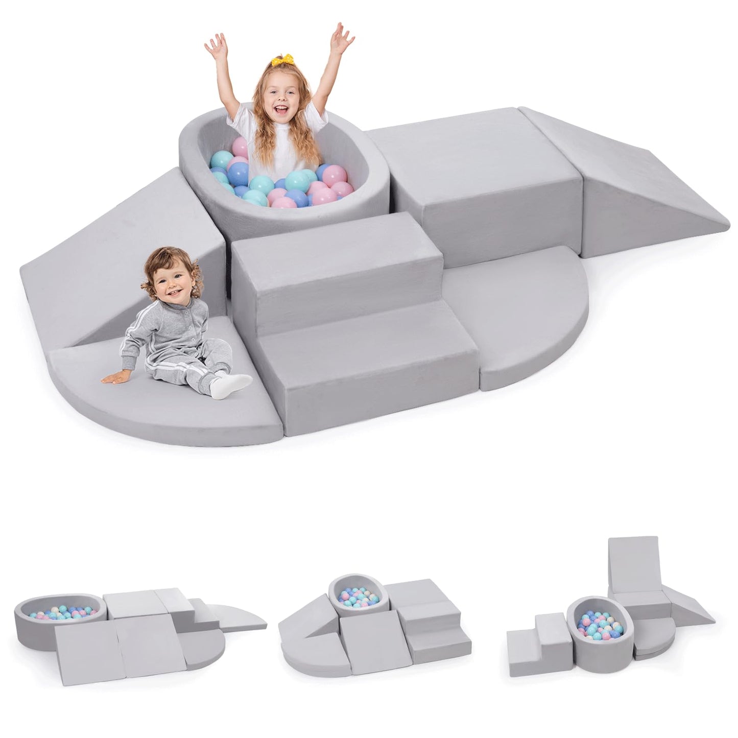 Rinnebbit 7-Piece Foam Climbing Blocks for Toddlers – Soft Indoor Play Set (Gray)