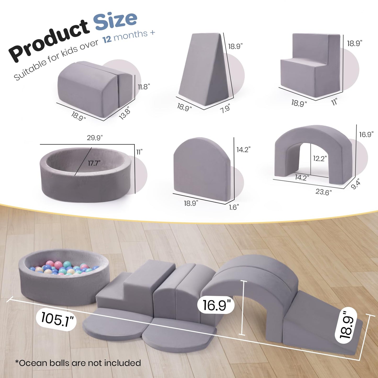Rinnebbit 9-Piece Foam Climbing Blocks for Toddlers – Soft Indoor Play Set with Ball Pit (Gray)