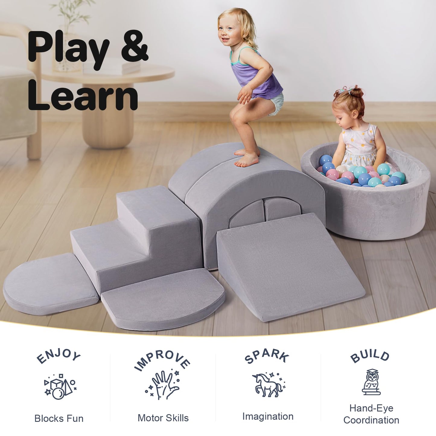Rinnebbit 9-Piece Foam Climbing Blocks for Toddlers – Soft Indoor Play Set with Ball Pit (Gray)