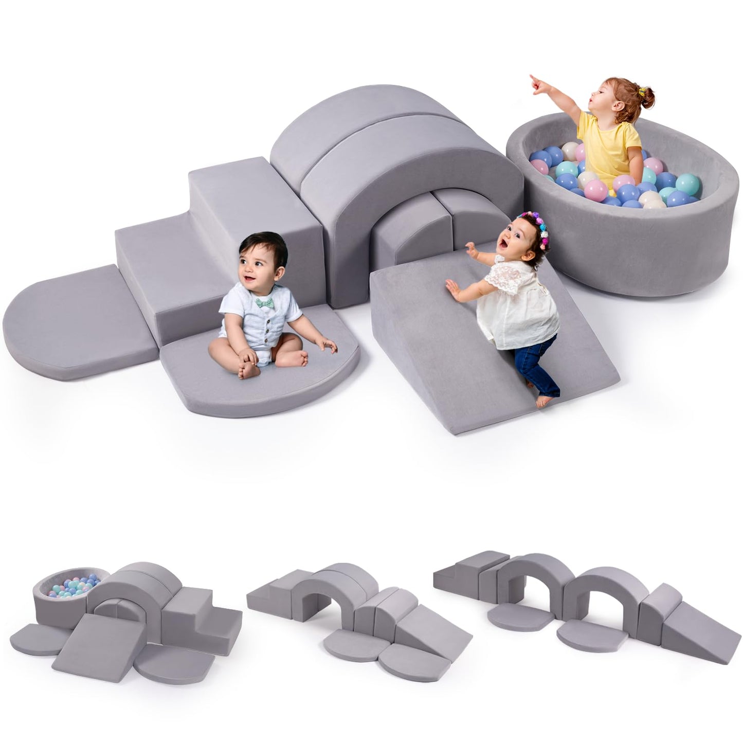 Rinnebbit 9-Piece Foam Climbing Blocks for Toddlers – Soft Indoor Play Set with Ball Pit (Gray)