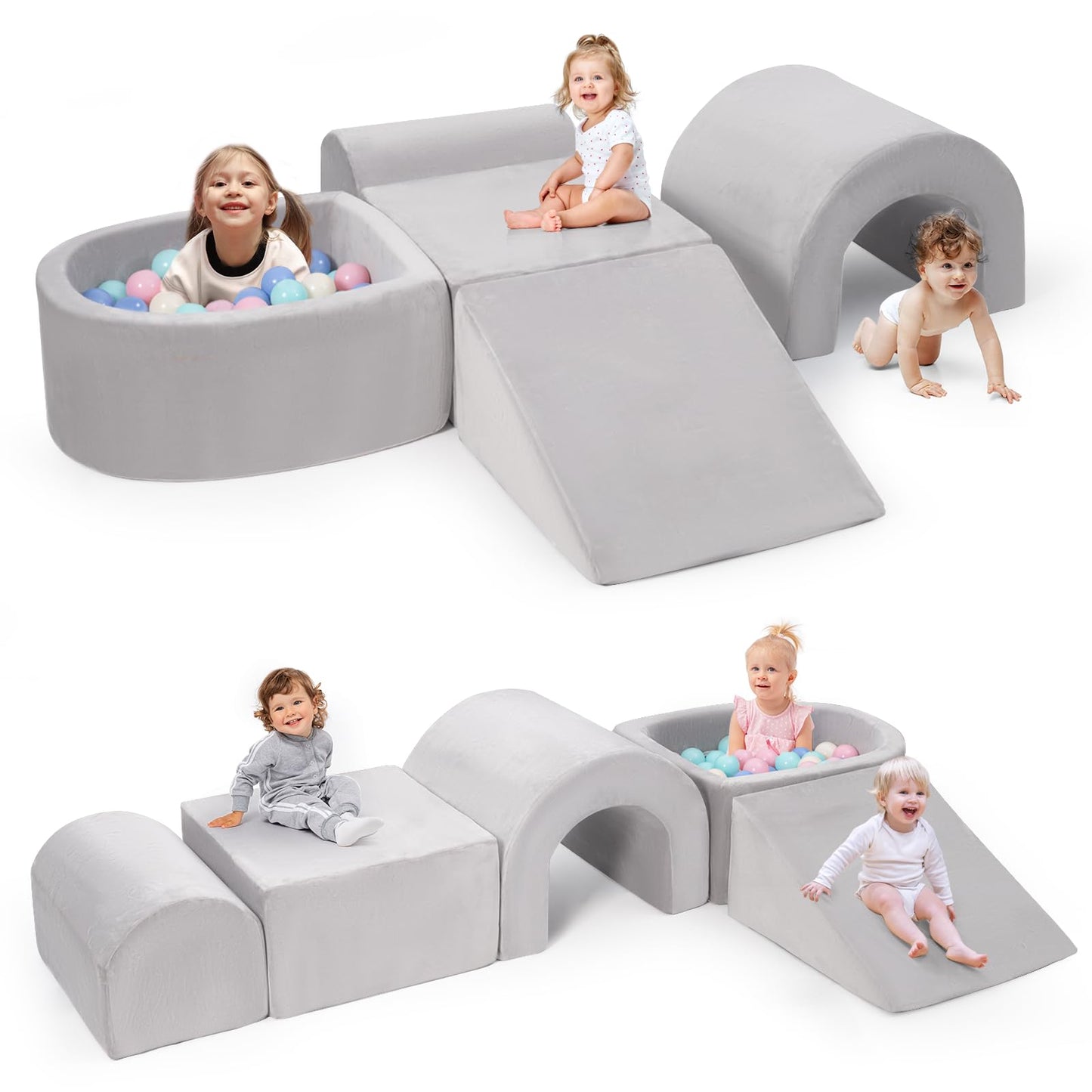 Rinnebbit Foam Climbing Blocks – 5-Piece Toddler Tunnel Climber with Ball Pit
