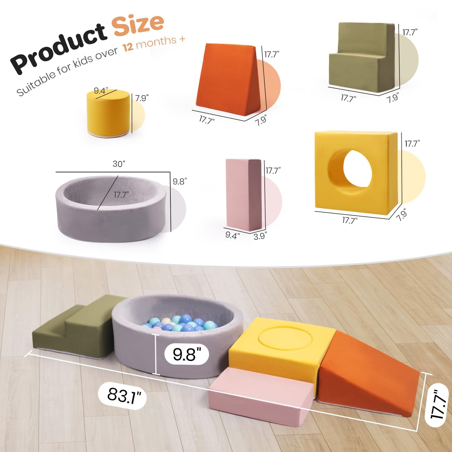 Rinnebbit 6-Piece Foam Climbing Blocks for Toddlers – Indoor Soft Play Set with Ball Pit (Machine Washable Cover)