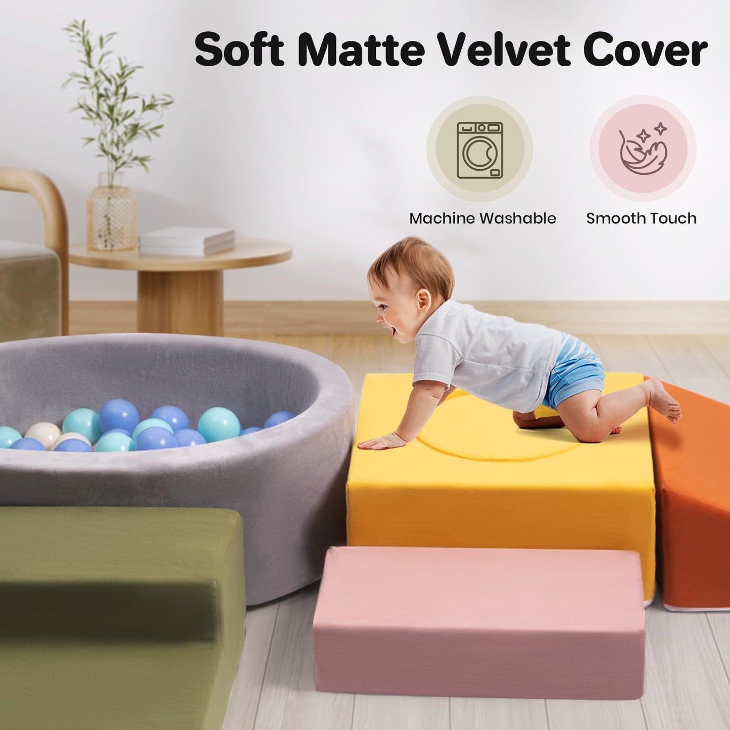 Rinnebbit 6-Piece Foam Climbing Blocks for Toddlers – Indoor Soft Play Set with Ball Pit (Machine Washable Cover)
