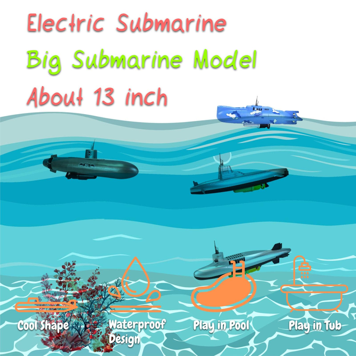 Rinnland Electric Submarine Toy – Large 13-Inch Nuclear Submarine Model for Bathtub & Pool