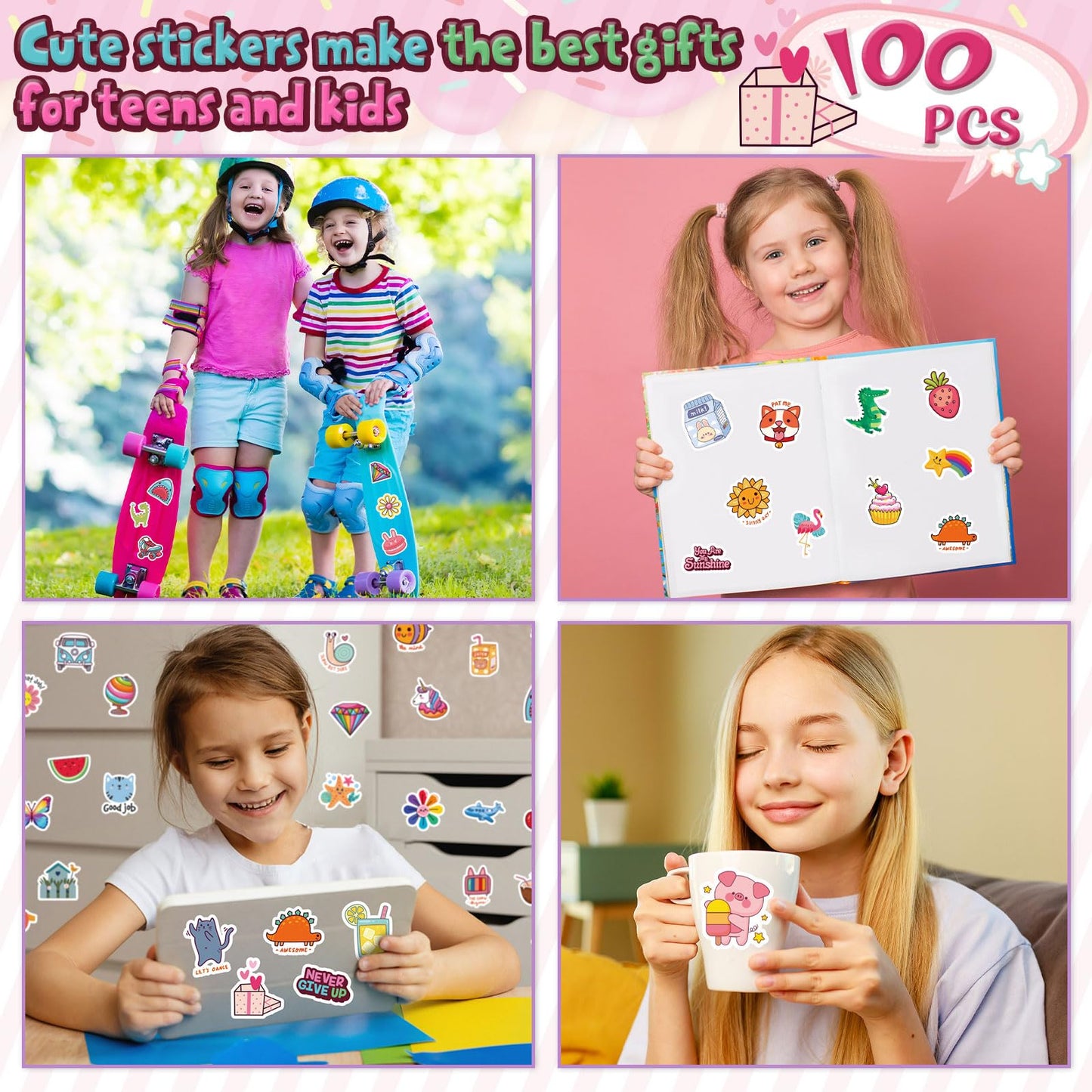 RINOLY 100 Pcs Water Bottle Stickers for Kids – Waterproof Vinyl Kawaii Stickers for Bottles, Laptops & More