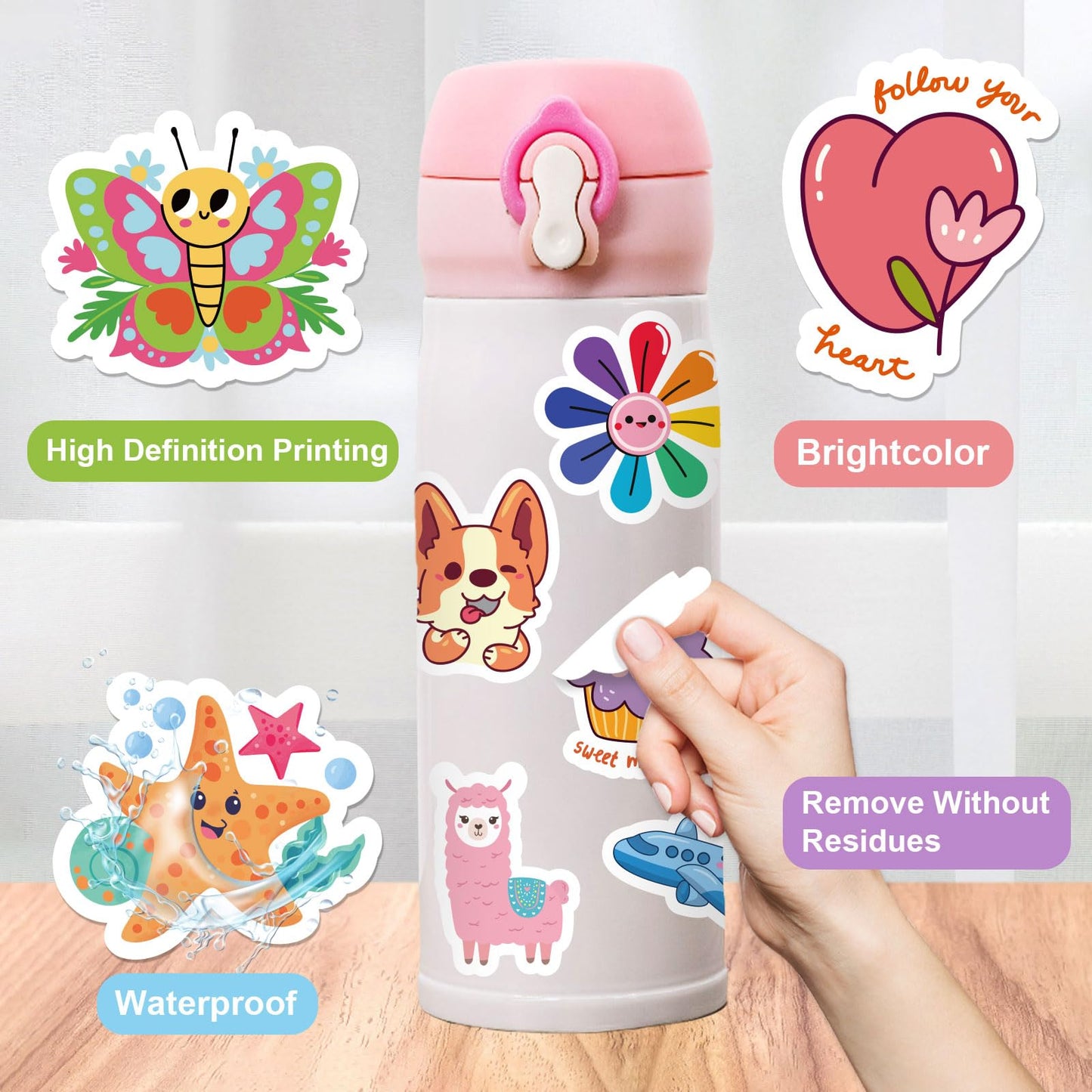 RINOLY 100 Pcs Water Bottle Stickers for Kids – Waterproof Vinyl Kawaii Stickers for Bottles, Laptops & More