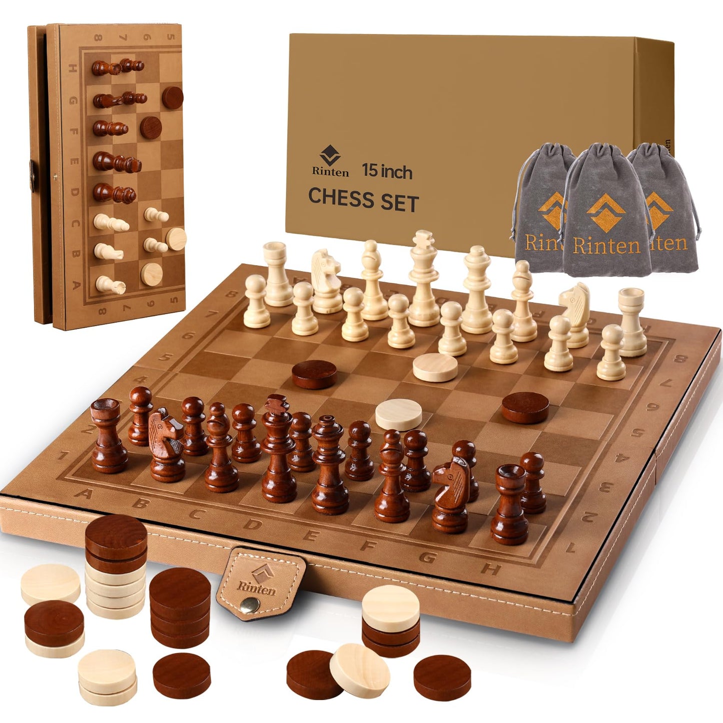 Rinten 15-Inch Magnetic Chess & Checkers Set – Leather Travel Board with Velvet Bag (2-in-1)
