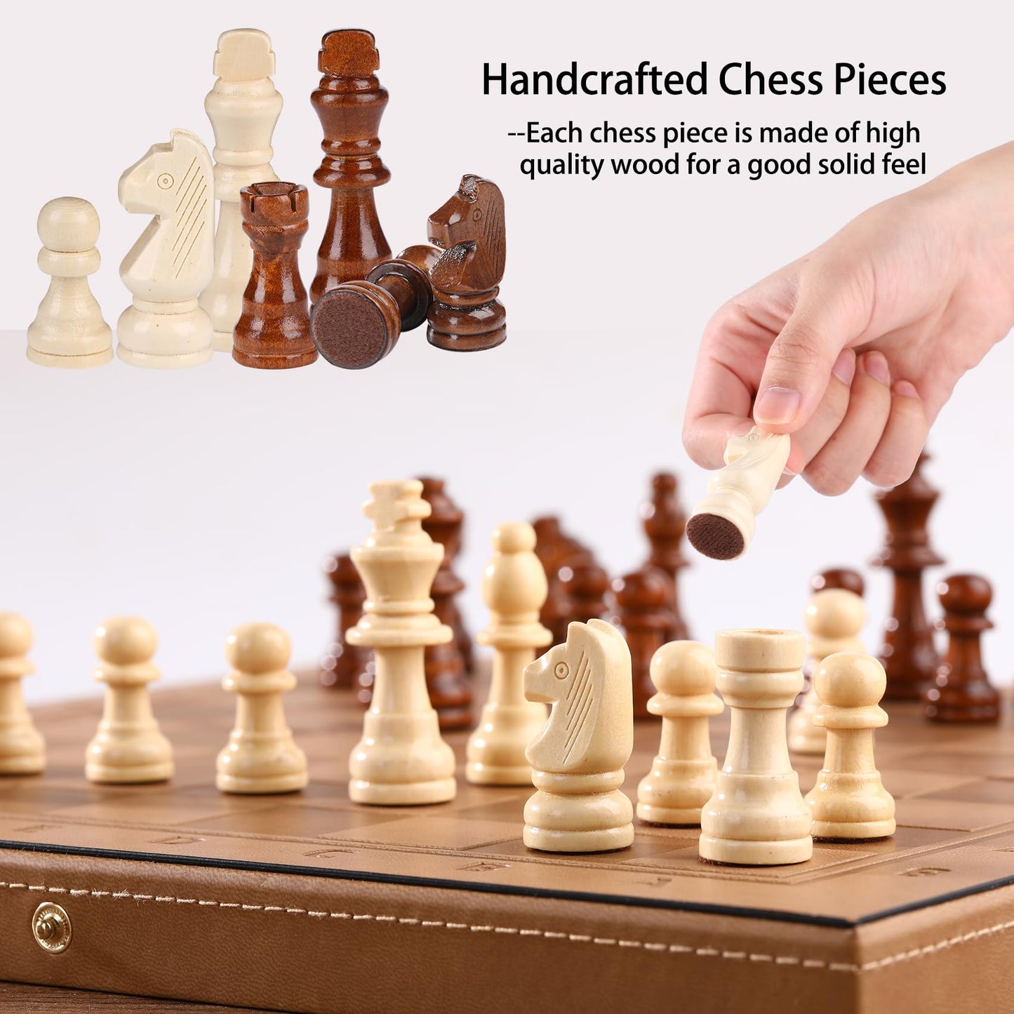 Rinten 15-Inch Magnetic Chess & Checkers Set – Leather Travel Board with Velvet Bag (2-in-1)