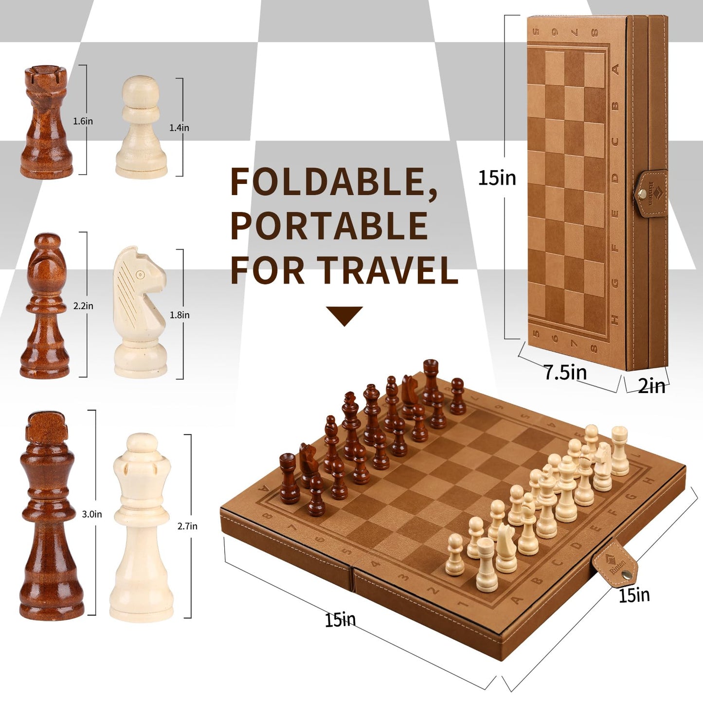 Rinten 15-Inch Magnetic Chess & Checkers Set – Leather Travel Board with Velvet Bag (2-in-1)
