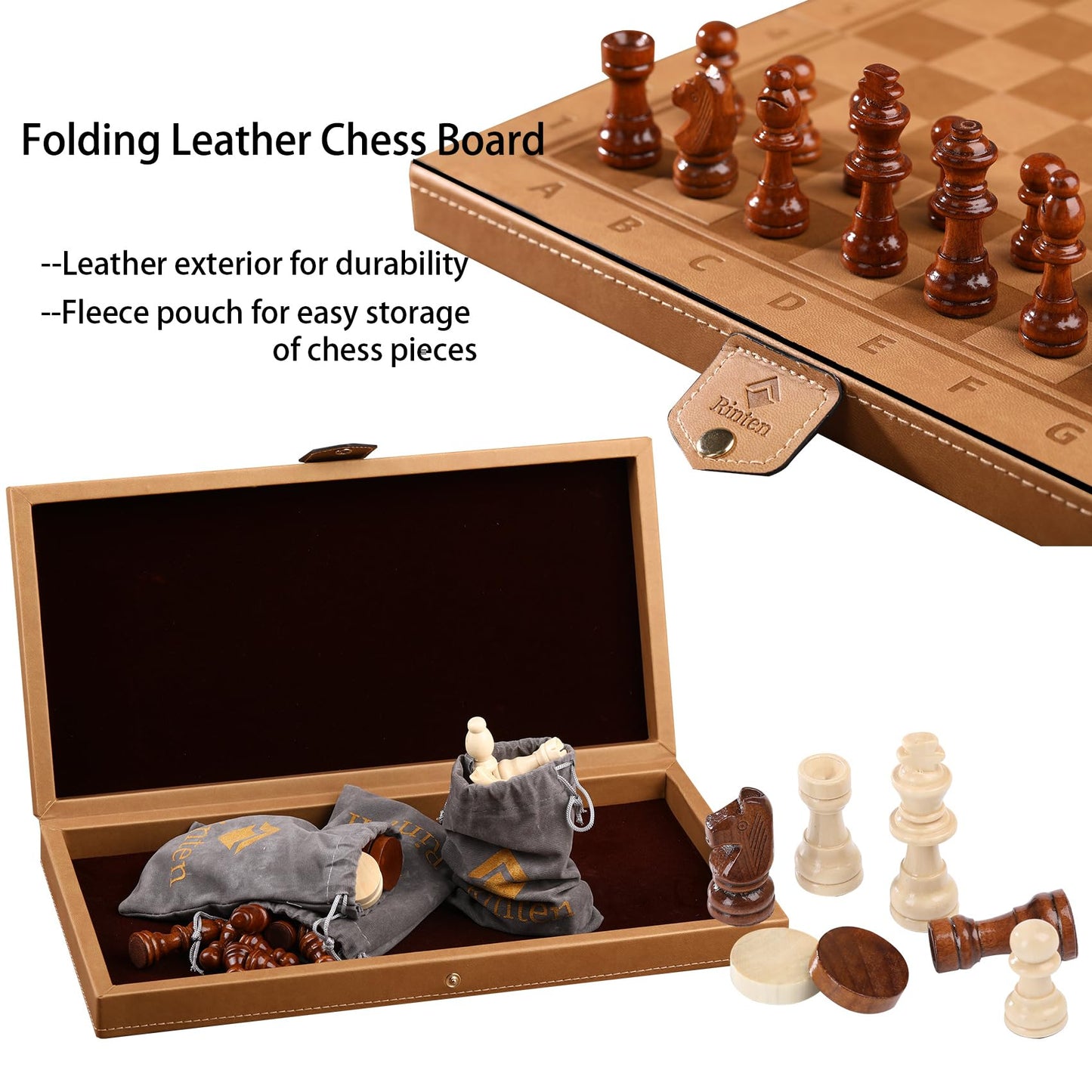 Rinten 15-Inch Magnetic Chess & Checkers Set – Leather Travel Board with Velvet Bag (2-in-1)