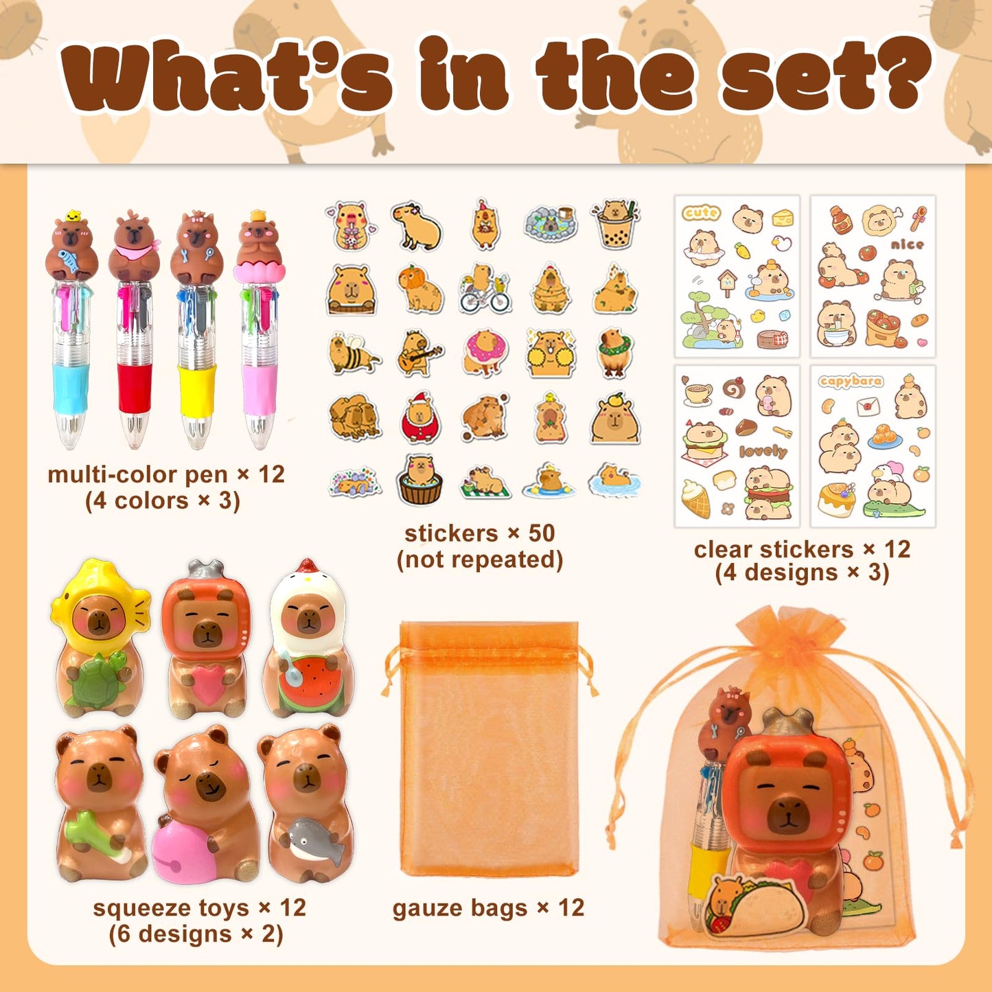 Rinziigo Capybara Party Favor Gift Set – 24 Squeeze Toys, 4-in-1 Pens, Stickers & Bags
