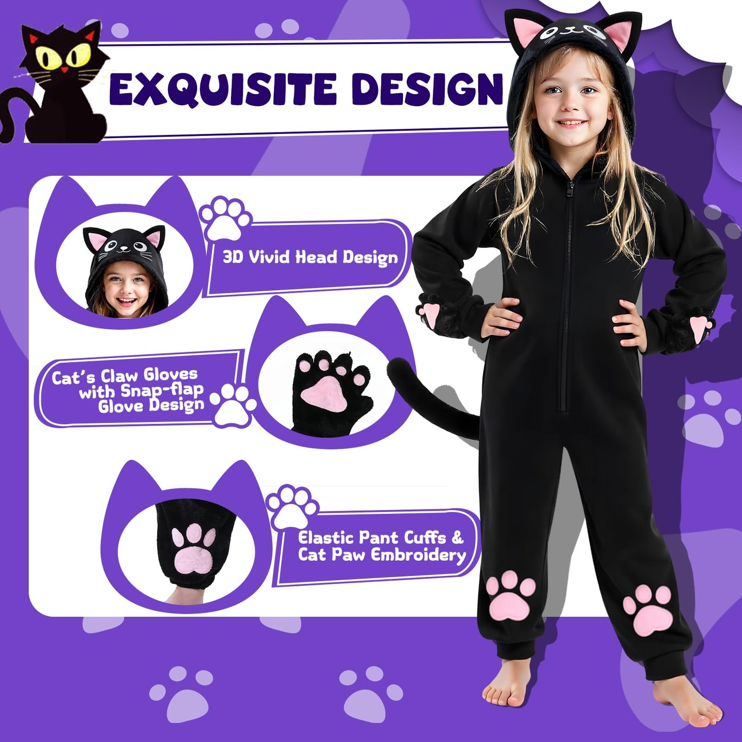 RISFUNIA Cat Costume for Kids with Bag – Black Cat Halloween Dress-Up