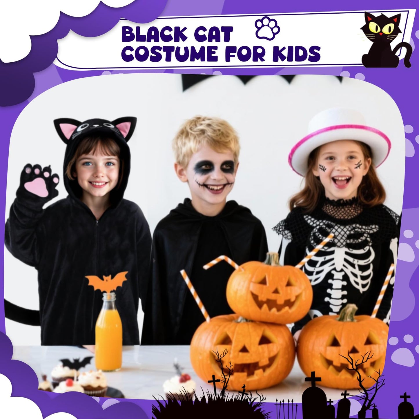 RISFUNIA Cat Costume for Kids with Bag – Black Cat Halloween Dress-Up