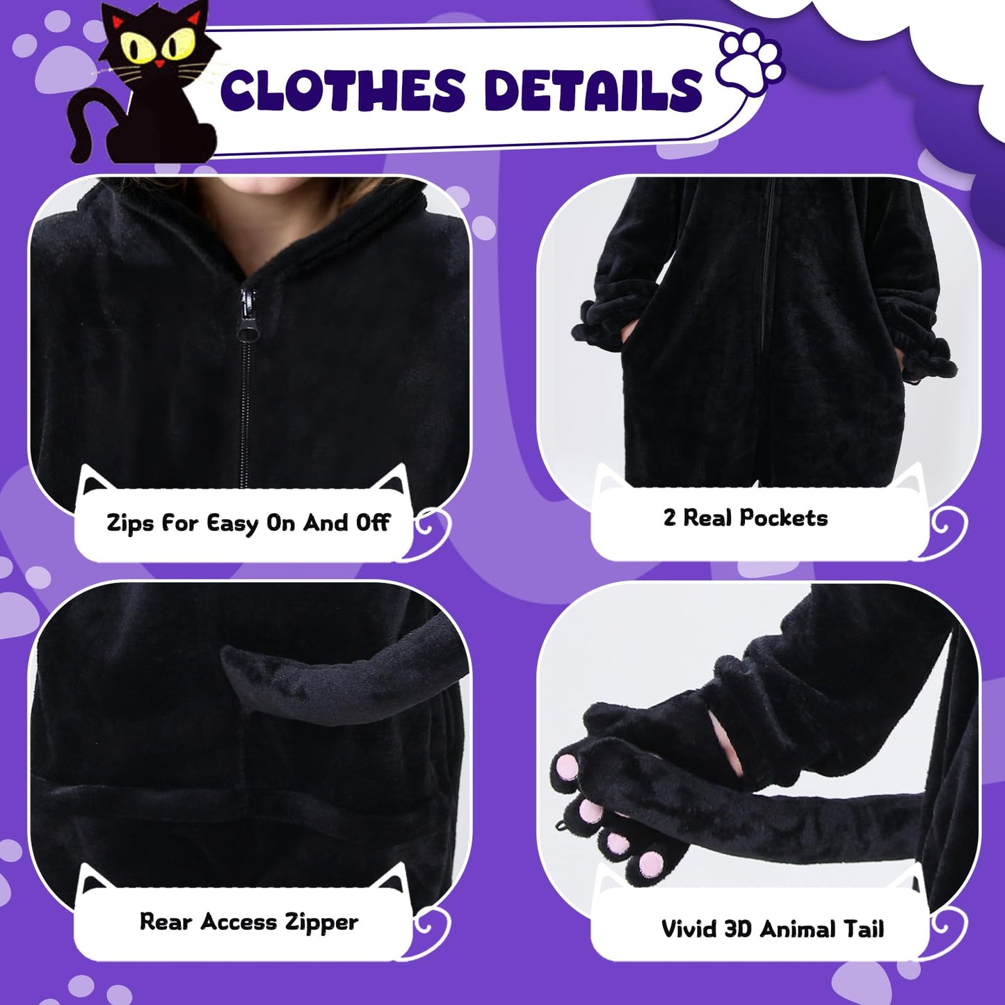 RISFUNIA Cat Costume for Kids with Bag – Black Cat Halloween Dress-Up