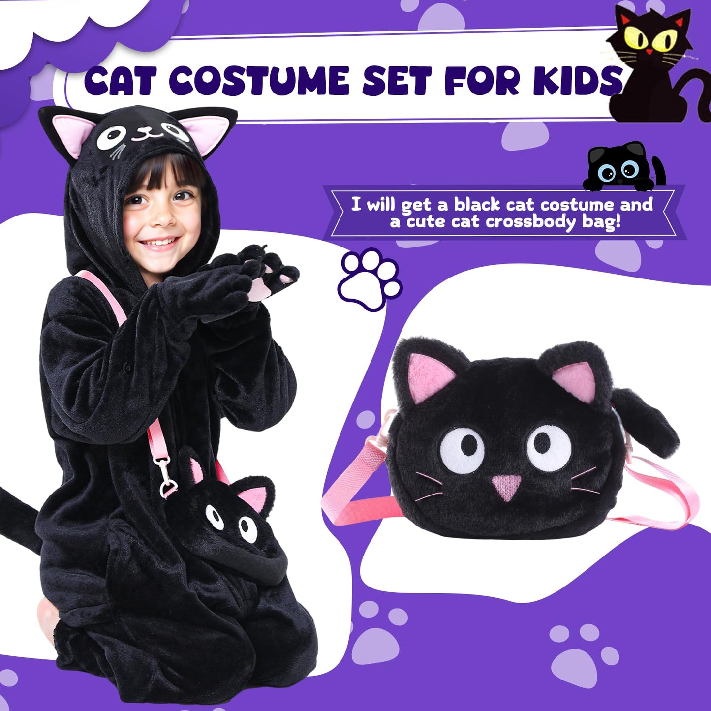 RISFUNIA Cat Costume for Kids with Bag – Black Cat Halloween Dress-Up