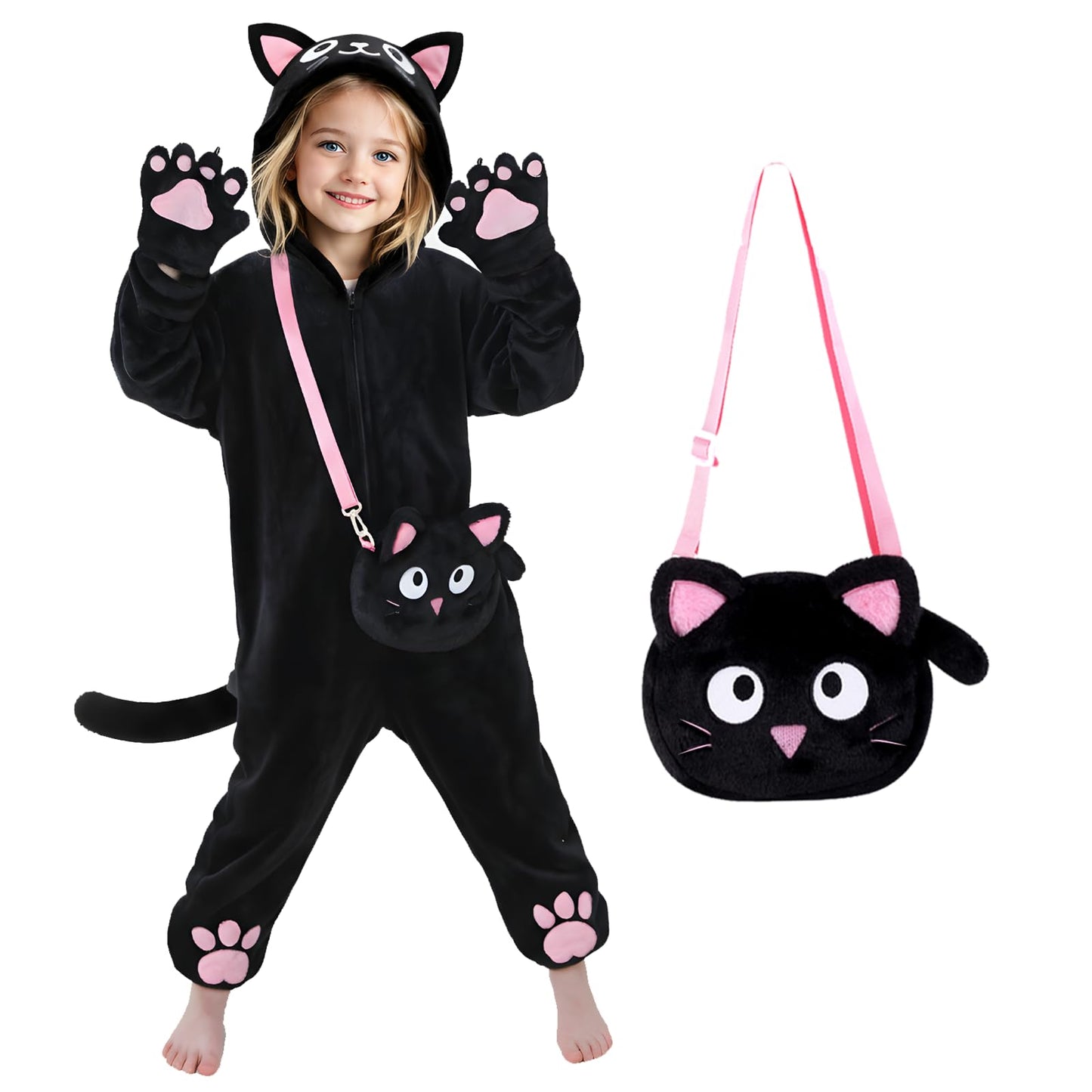 RISFUNIA Cat Costume for Kids with Bag – Black Cat Halloween Dress-Up