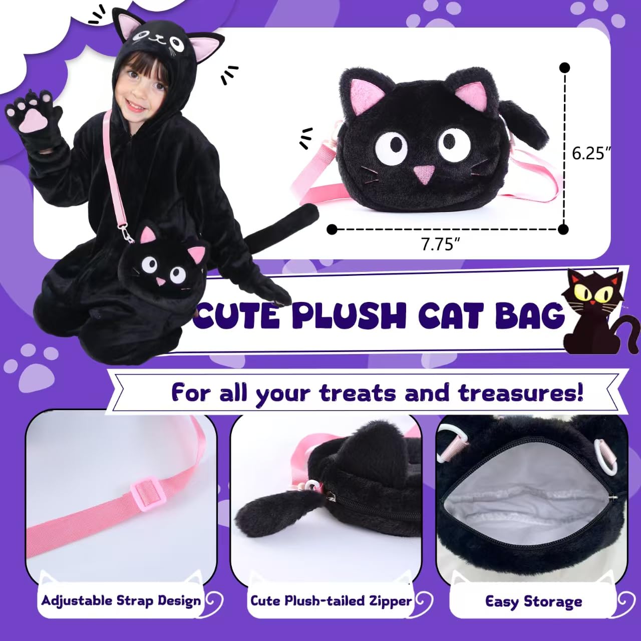 RISFUNIA Cat Costume for Kids with Bag – Black Cat Halloween Dress-Up