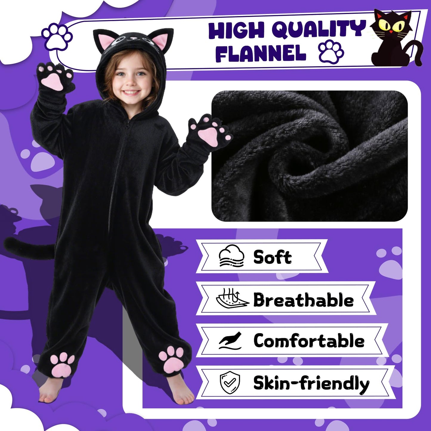 RISFUNIA Cat Costume for Kids with Bag – Black Cat Halloween Dress-Up