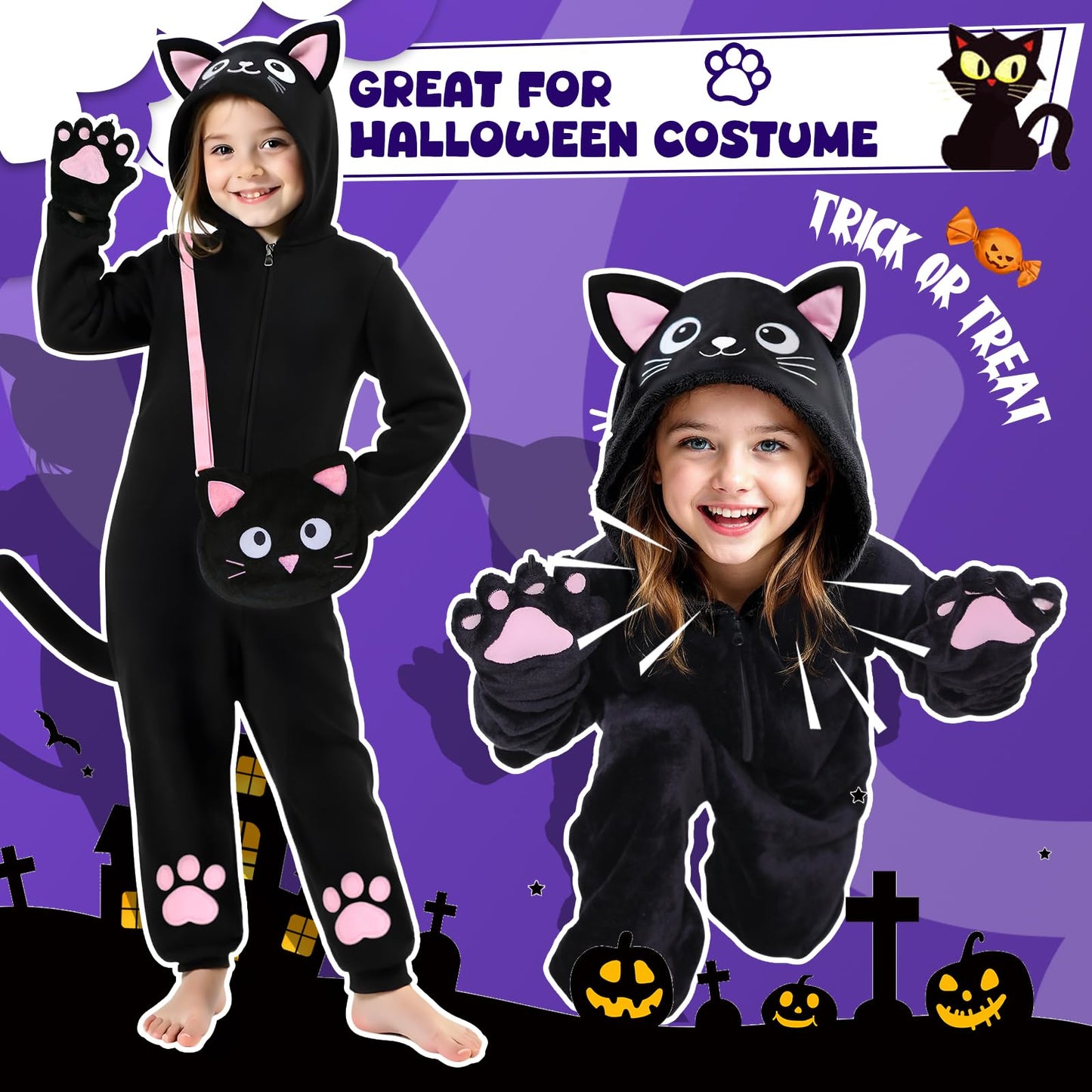 RISFUNIA Cat Costume for Kids with Bag – Black Cat Halloween Dress-Up