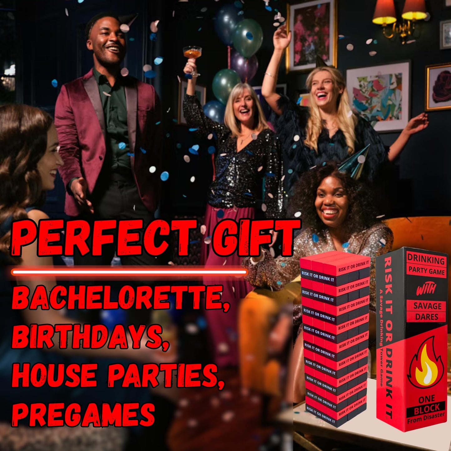 RISK IT OR DRINK IT: Savage Drinking Tower Game with 54 Dares for Adults | Party Games Night