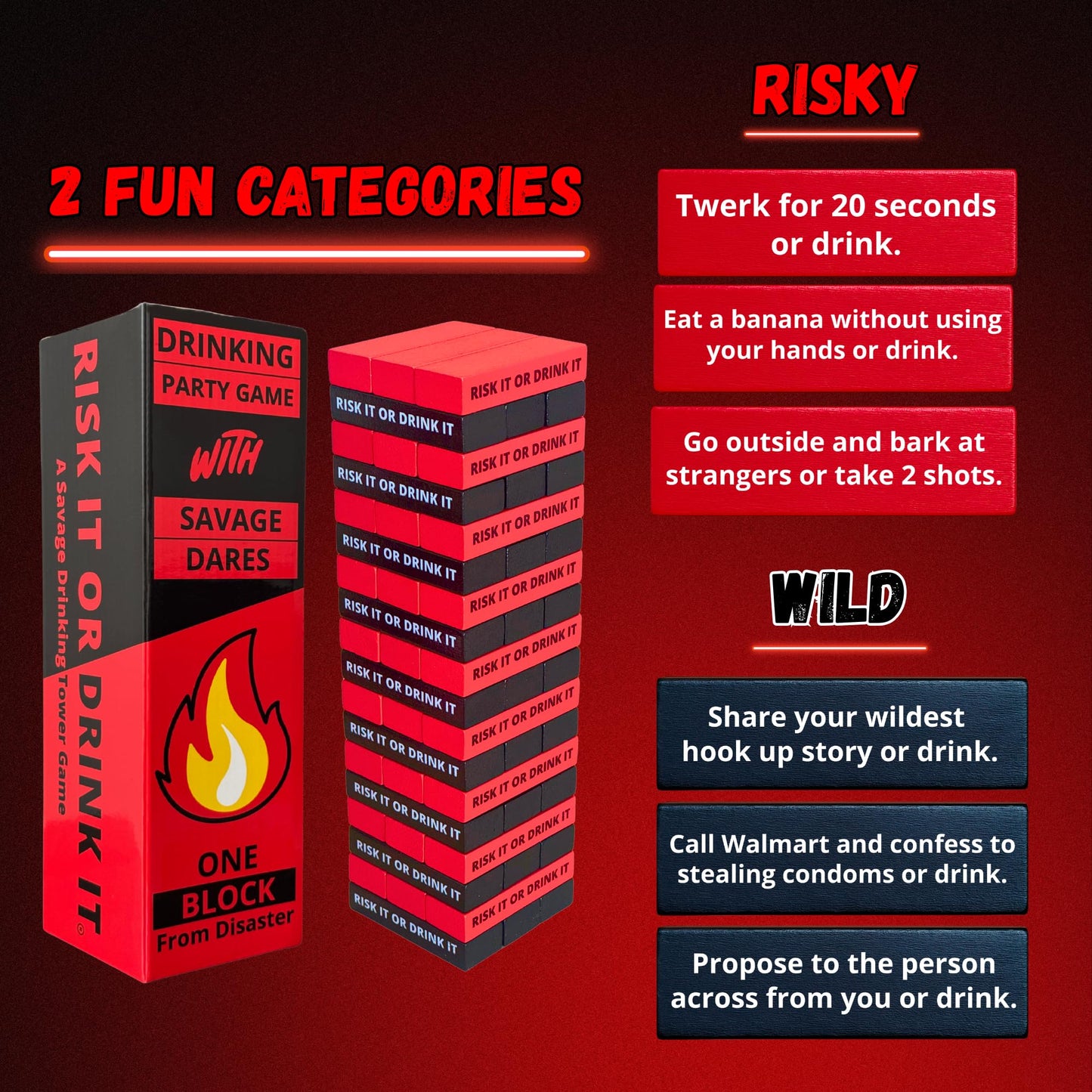 RISK IT OR DRINK IT: Savage Drinking Tower Game with 54 Dares for Adults | Party Games Night