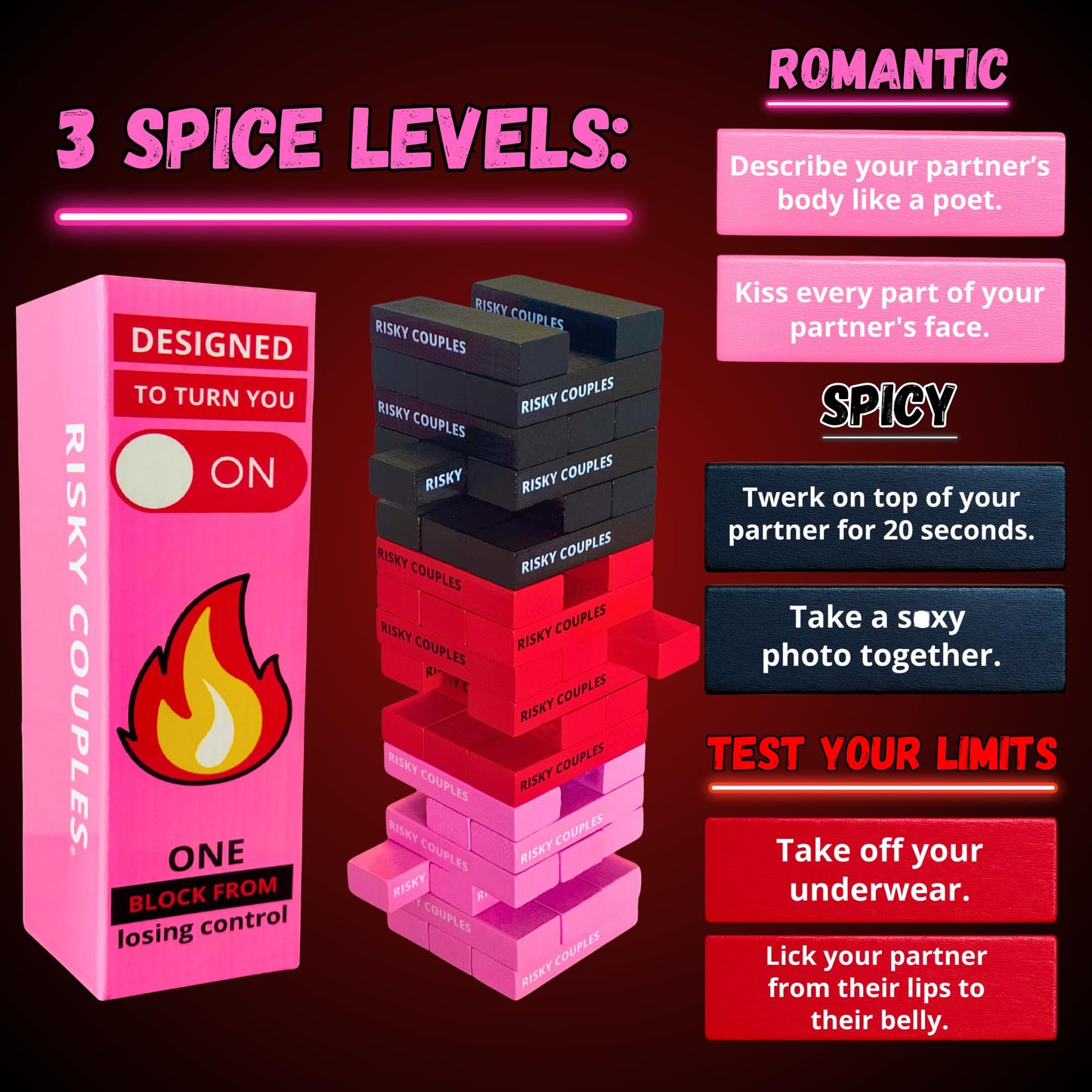 RISKY COUPLES Stacking Tower Game – 54 Dares for Couples | Romantic Date Night Gift