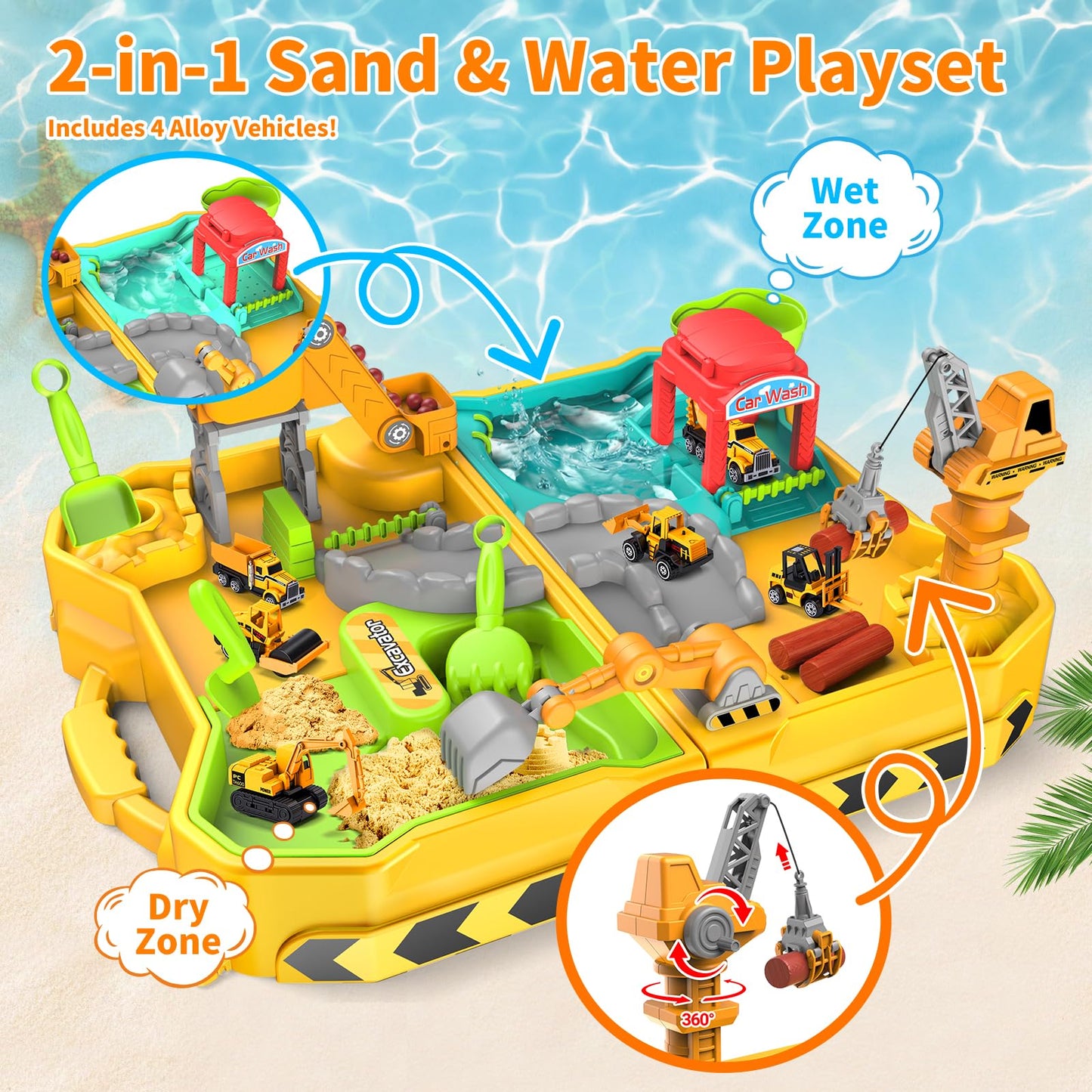RISUNTOY Construction Sand Kit with Foldable Sandbox Case – 1.1lbs Sand, 4 Alloy Trucks & Molds