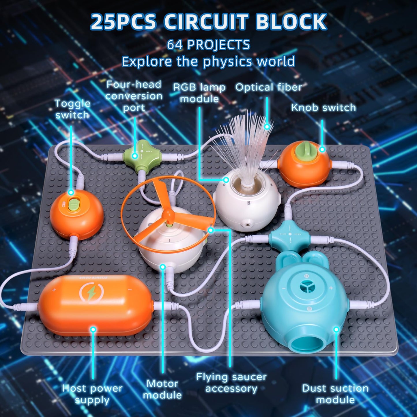 RISUNTOY Circuits Science Kit for Kids — 64 Projects, 25 Parts, No Soldering