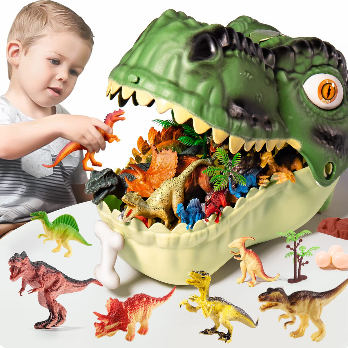 RISUNTOY Dinosaur Toys for Kids 3-5 | 45-Piece Realistic Jurassic Dinosaurs with Eggs, Trees & Fence Playset – Educational & Great Gift