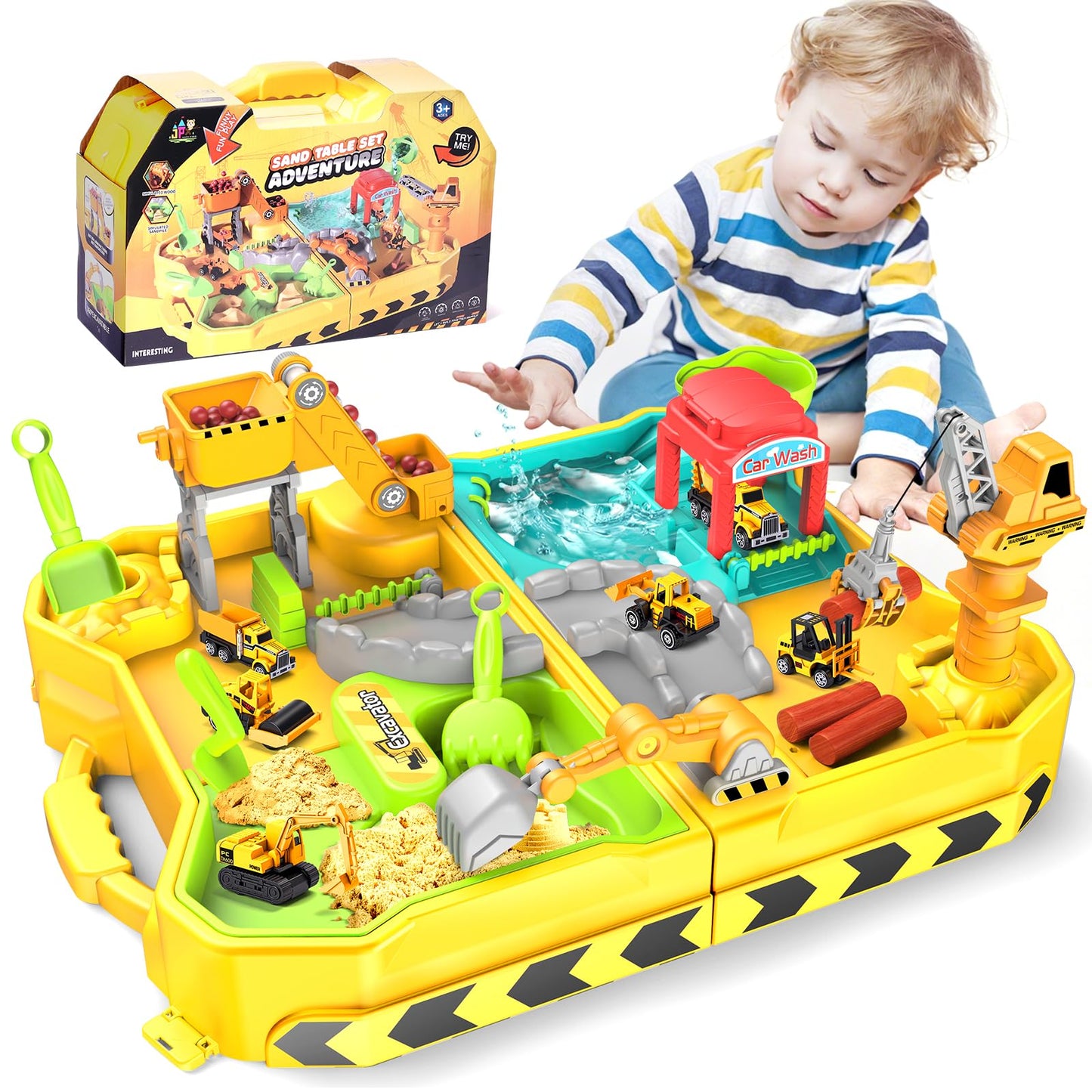 RISUNTOY Construction Sand Kit with Foldable Sandbox Case – 1.1lbs Sand, 4 Alloy Trucks & Molds