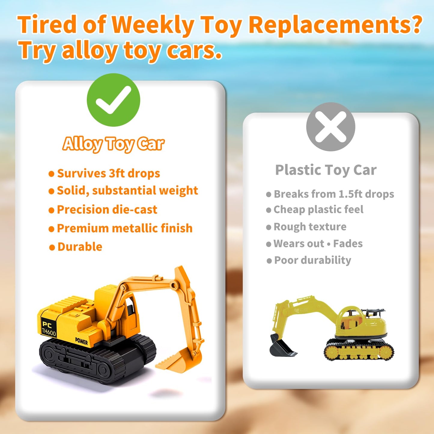 RISUNTOY Construction Sand Kit with Foldable Sandbox Case – 1.1lbs Sand, 4 Alloy Trucks & Molds