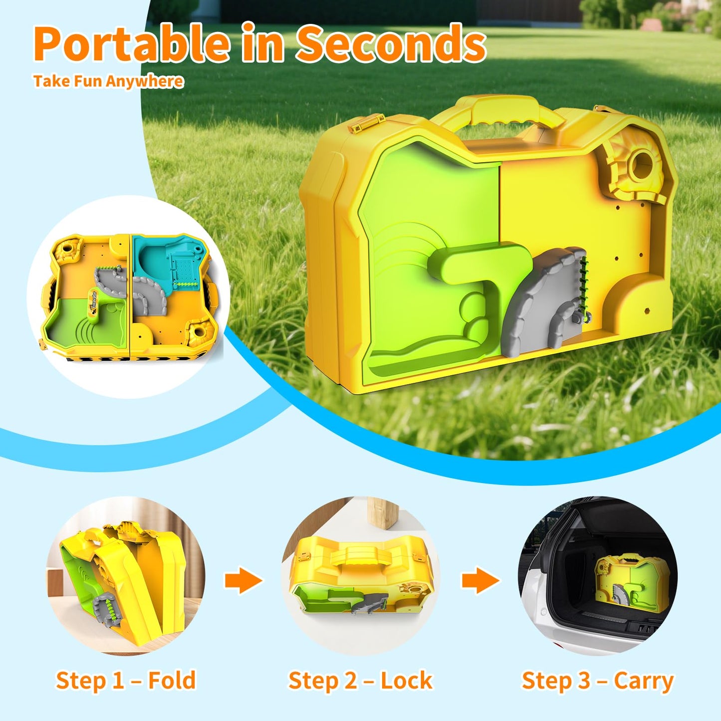 RISUNTOY Construction Sand Kit with Foldable Sandbox Case – 1.1lbs Sand, 4 Alloy Trucks & Molds