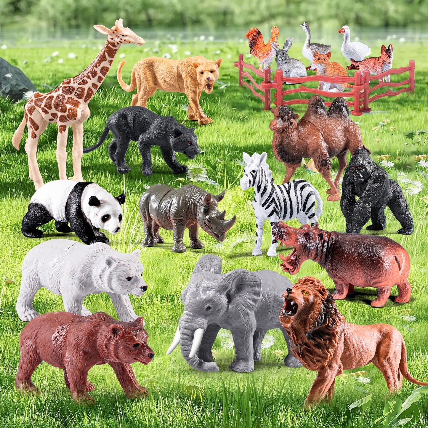RISUNTOY Safari Animals Playset – 41-Piece Jungle Zoo Toys with Light-Up Lion Bin