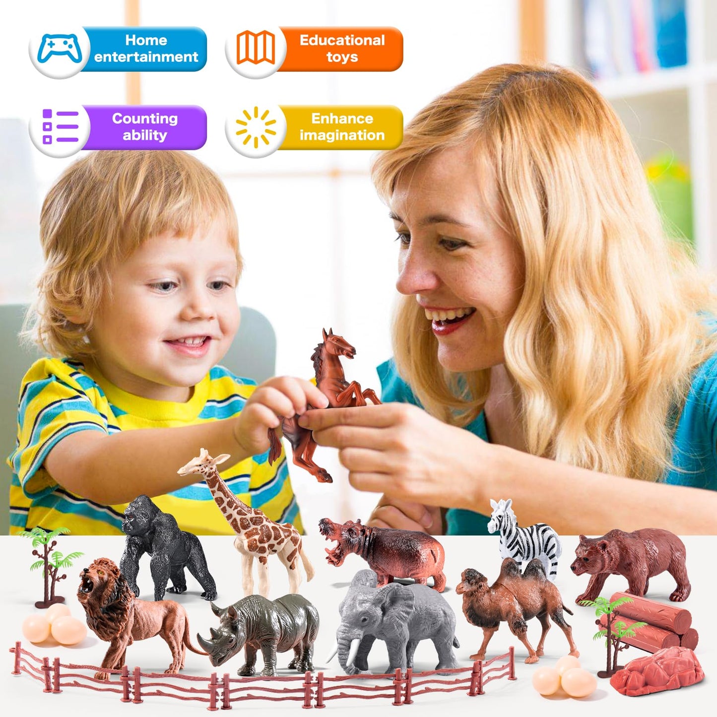 RISUNTOY Safari Animals Playset – 41-Piece Jungle Zoo Toys with Light-Up Lion Bin