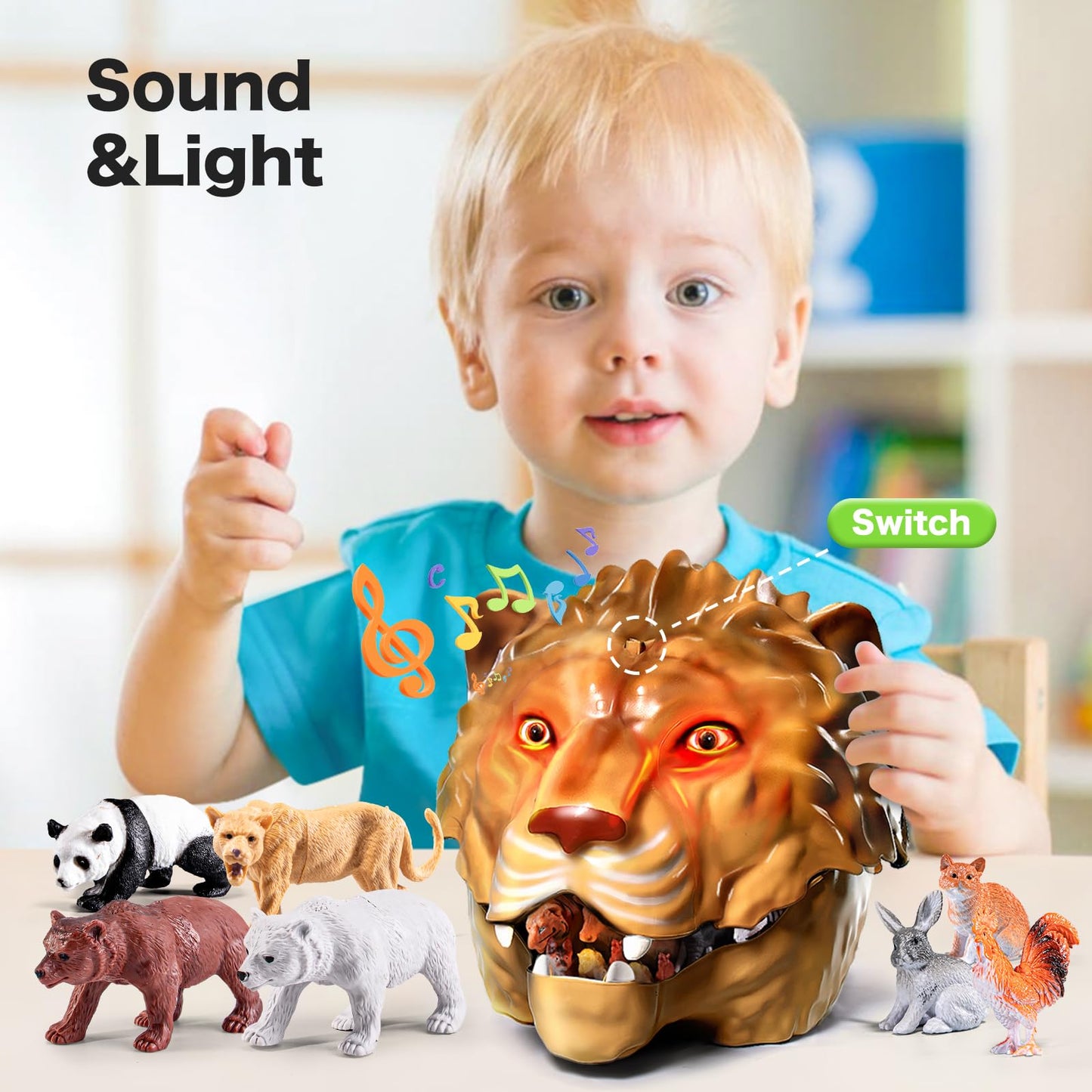 RISUNTOY Safari Animals Playset – 41-Piece Jungle Zoo Toys with Light-Up Lion Bin