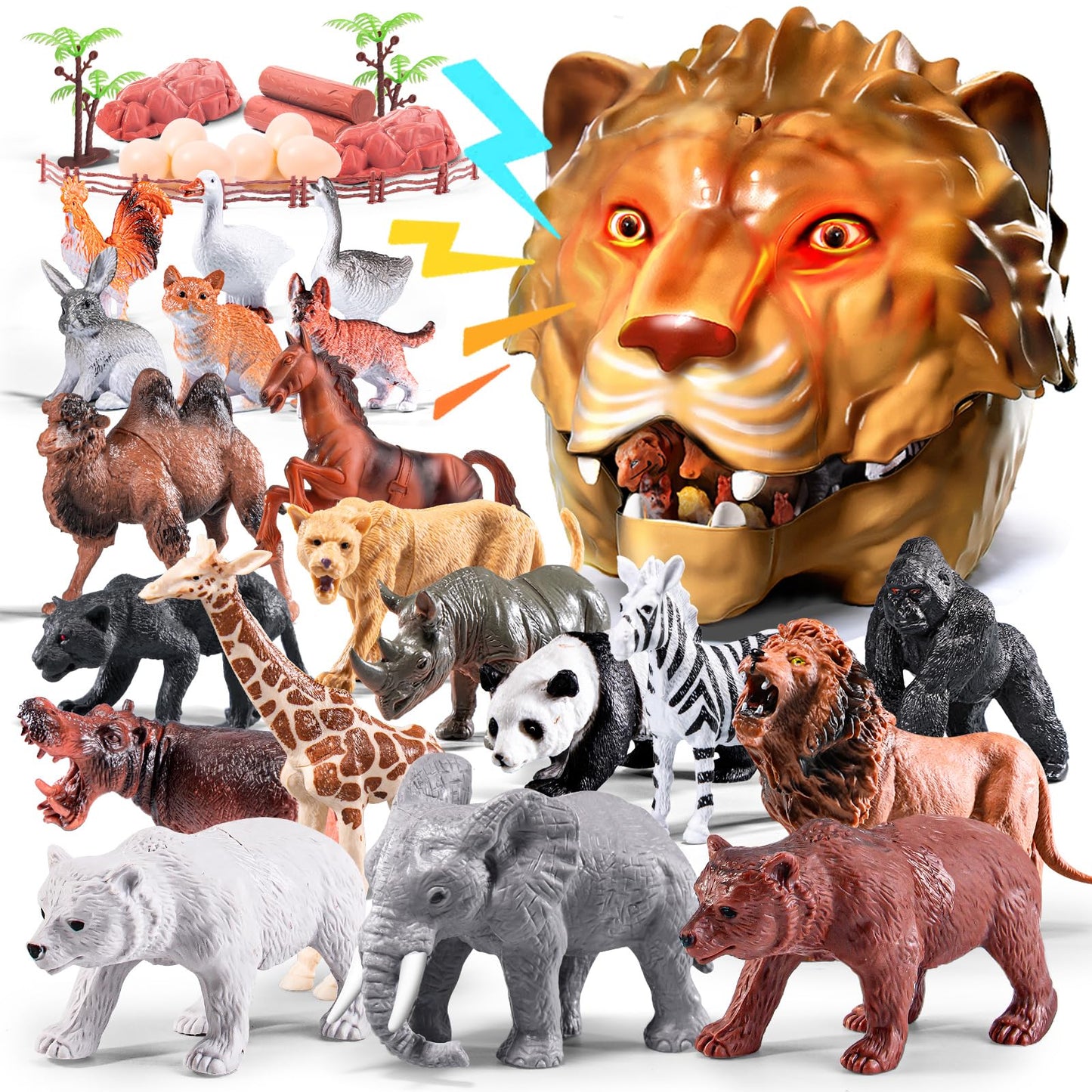 RISUNTOY Safari Animals Playset – 41-Piece Jungle Zoo Toys with Light-Up Lion Bin