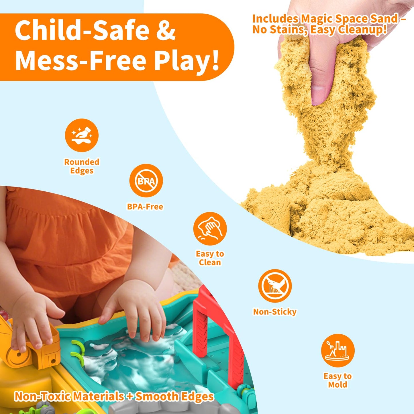 RISUNTOY Construction Sand Kit with Foldable Sandbox Case – 1.1lbs Sand, 4 Alloy Trucks & Molds