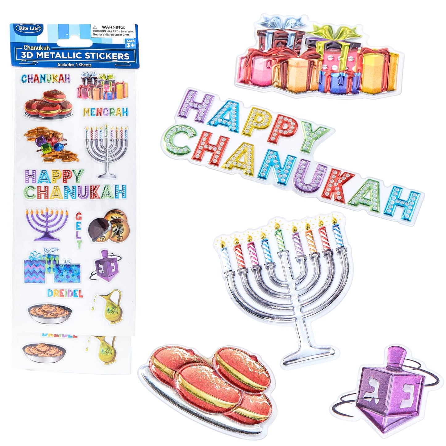 Rite Lite Hanukkah 3D Metallic Stickers – 2 Festive Sheets for Dreidels, Menorahs & Crafts