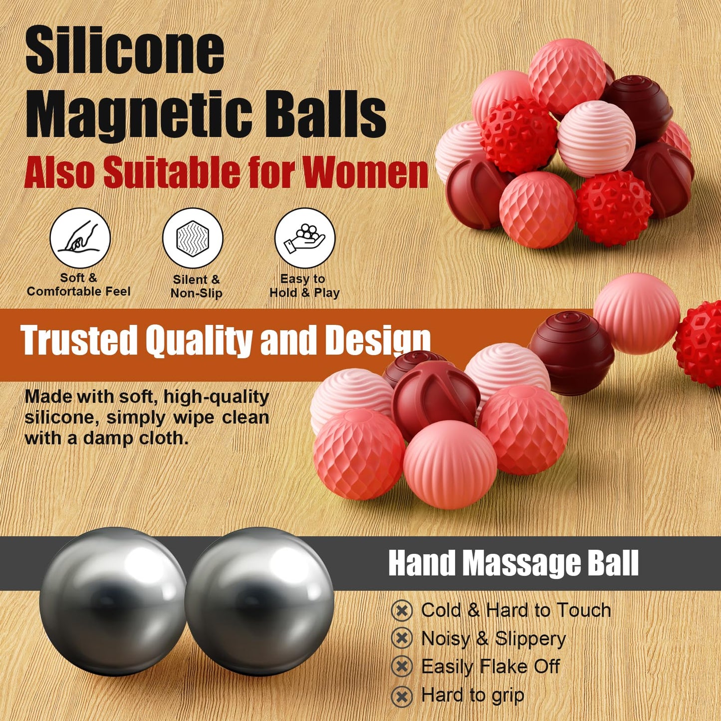 RIVGOT Silicone Magnetic Stress Relief Balls – 6-Pack Fidget Toys (2-Pack Red & Purple)