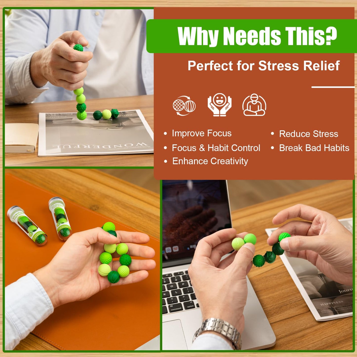 RIVGOT Silicone Magnetic Balls – 6-Pack Fidget Toy for Adults & Teens – Quiet, Textured Desk Toy (Green)