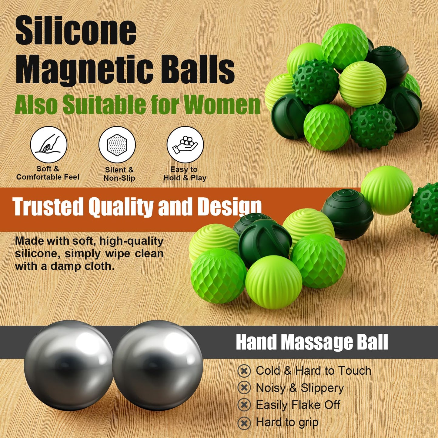 RIVGOT Silicone Magnetic Balls – 6-Pack Fidget Toy for Adults & Teens – Quiet, Textured Desk Toy (Green)