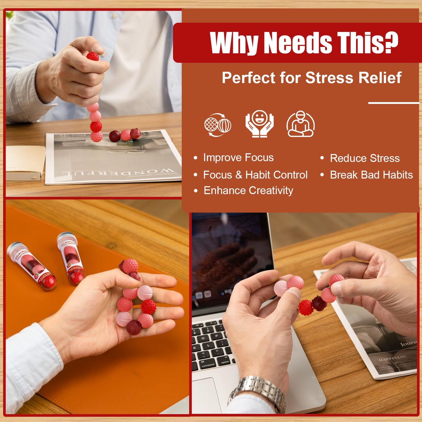 RIVGOT Silicone Magnetic Stress Relief Balls – 6-Pack Fidget Toys (2-Pack Red & Purple)