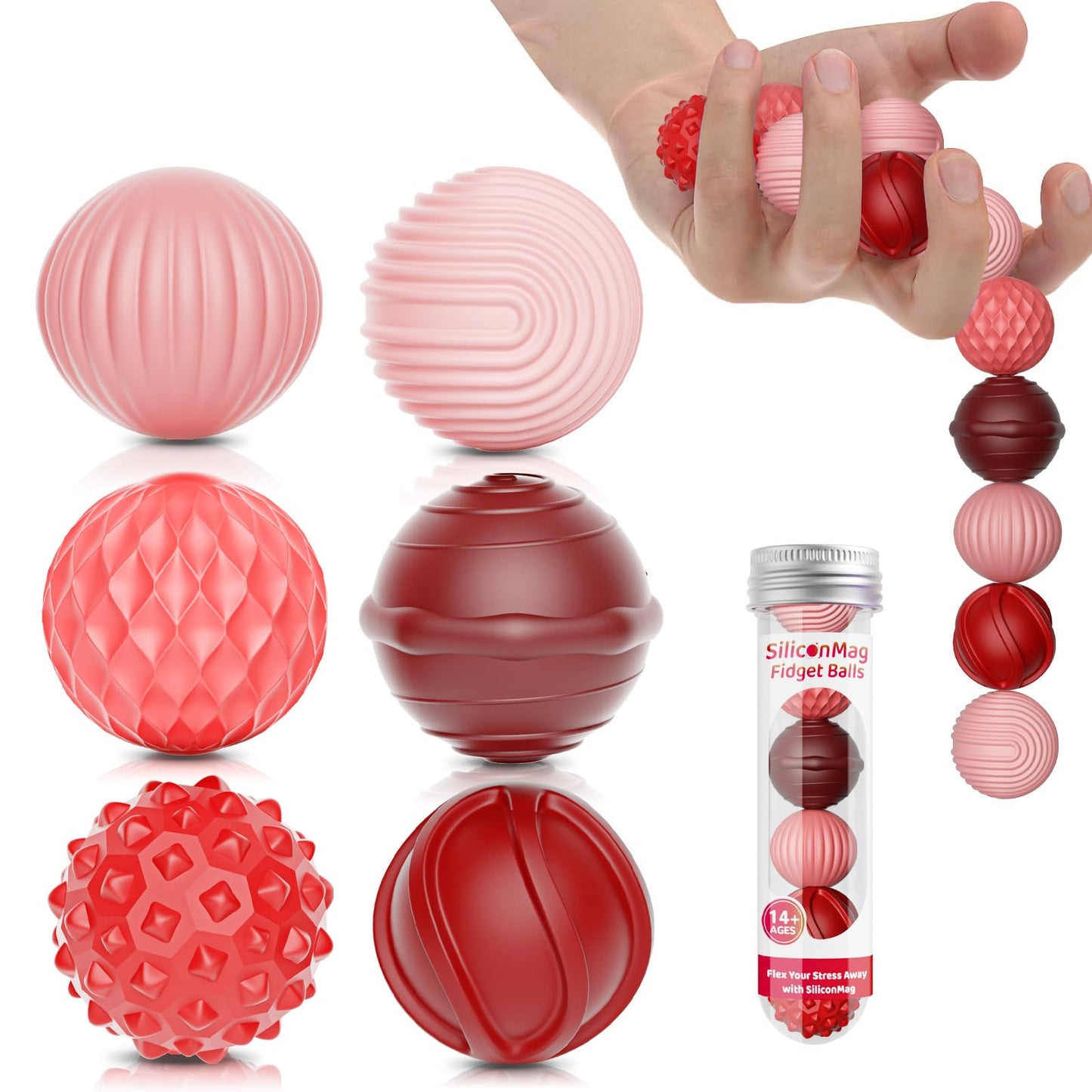 RIVGOT Silicone Magnetic Balls – 6-Pack Fidget Toys for Stress Relief, Quiet Desk Accessory (Red)