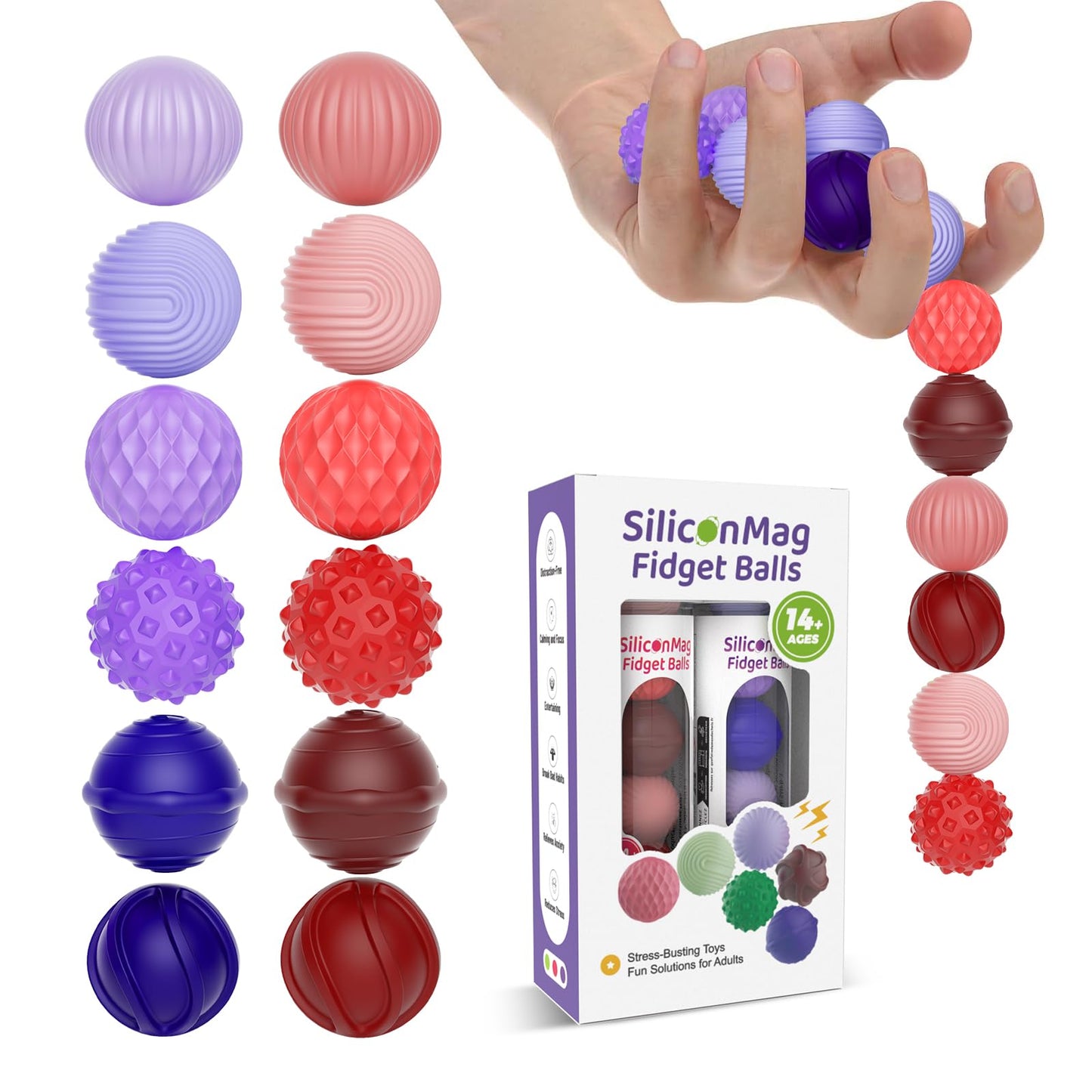RIVGOT Silicone Magnetic Stress Relief Balls – 6-Pack Fidget Toys (2-Pack Red & Purple)