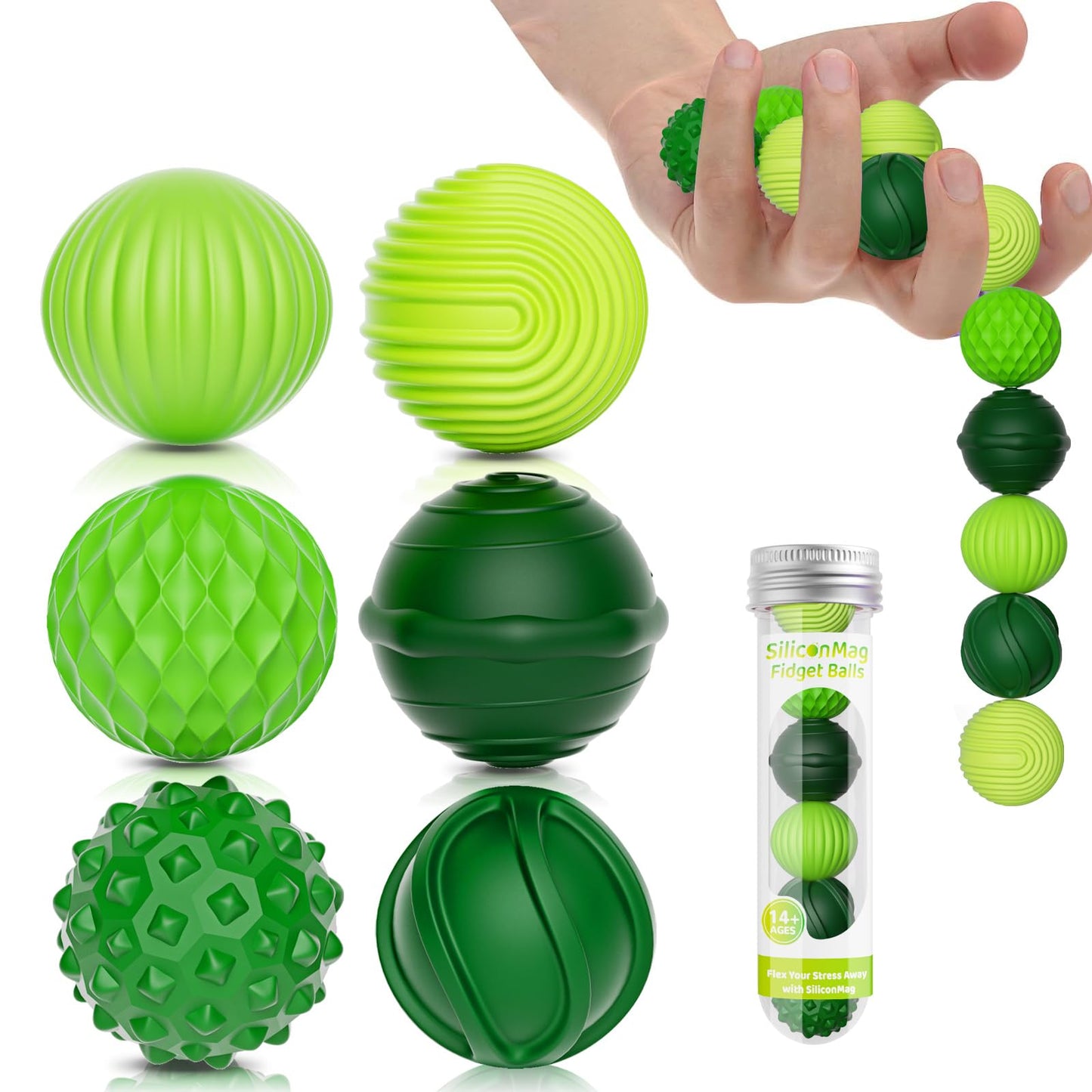RIVGOT Silicone Magnetic Balls – 6-Pack Fidget Toy for Adults & Teens – Quiet, Textured Desk Toy (Green)